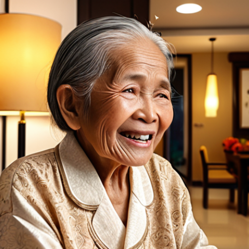 **Elderly Thai woman happily video calling her grandchildren on LINE, modern condo interior, warm lighting.** (Focuses on communication and connection)