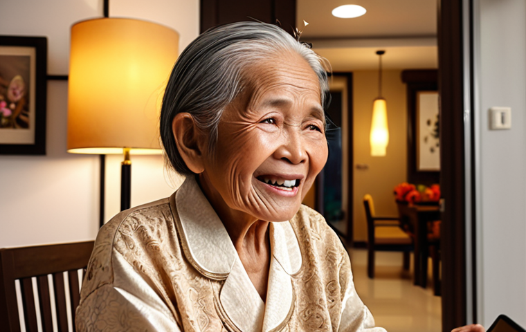 **Elderly Thai woman happily video calling her grandchildren on LINE, modern condo interior, warm lighting.** (Focuses on communication and connection)