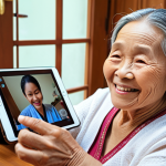 **A friendly AI assistant on a tablet, reminding a smiling elderly Thai woman to take her medication.** Focus on a warm, inviting scene with the woman in a comfortable home setting. The AI assistant should have a gentle and helpful appearance.