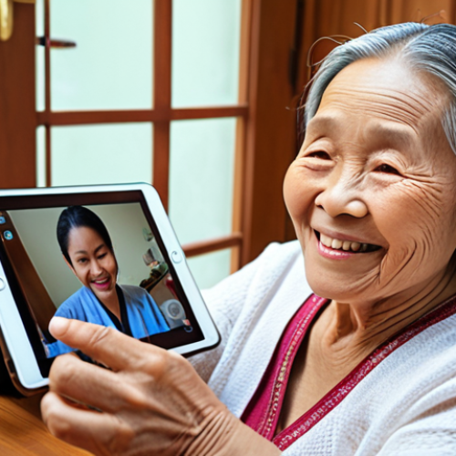 **A friendly AI assistant on a tablet, reminding a smiling elderly Thai woman to take her medication.** Focus on a warm, inviting scene with the woman in a comfortable home setting. The AI assistant should have a gentle and helpful appearance.