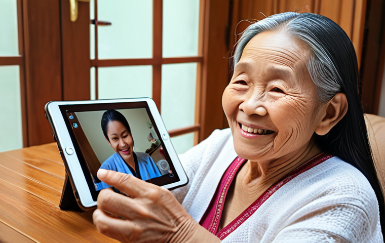 **A friendly AI assistant on a tablet, reminding a smiling elderly Thai woman to take her medication.** Focus on a warm, inviting scene with the woman in a comfortable home setting. The AI assistant should have a gentle and helpful appearance.