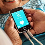 **

Prompt: Senior woman using a blood pressure app on her smartphone at home in Thailand, smiling and feeling empowered, showcasing silver tech healthcare.

**