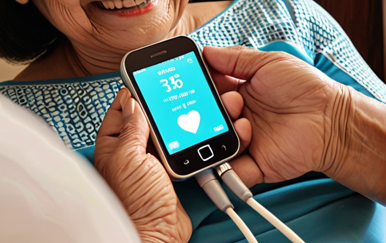 **
Prompt: Senior woman using a blood pressure app on her smartphone at home in Thailand, smiling and feeling empowered, showcasing silver tech healthcare.
**