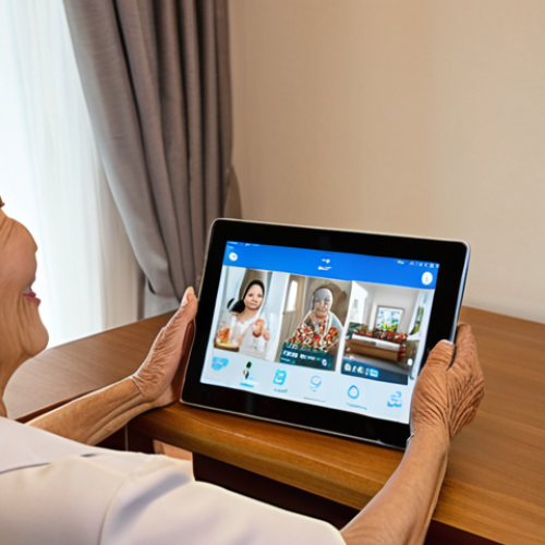 **

A warm, inviting living room scene. An elderly Thai woman is smiling and video calling with her family on a tablet. The tablet is resting on a sleek, modern stand. In the background, there are smart home devices visible – perhaps automated lights or a smart thermostat display. The overall atmosphere is comfortable, safe, and digitally connected, highlighting the benefits of telemedicine and smart home tech for seniors in Thailand. Include Thai cultural elements like traditional decorations or clothing.

**