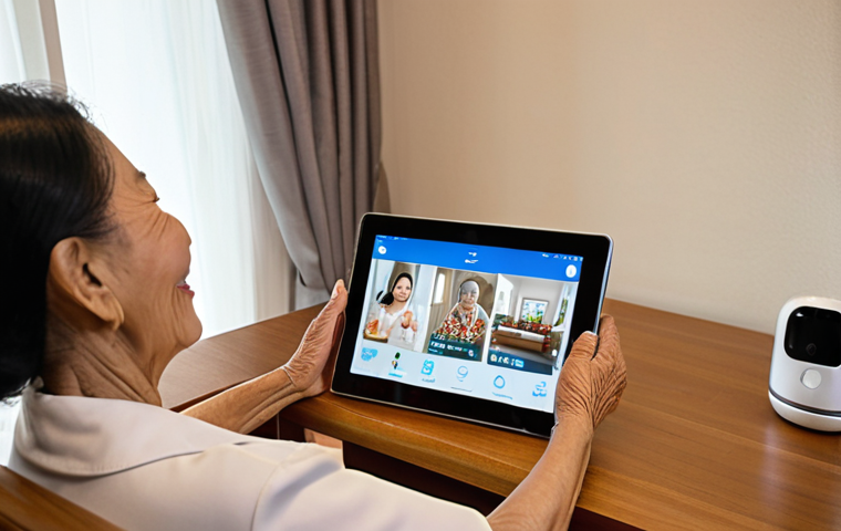 **
A warm, inviting living room scene. An elderly Thai woman is smiling and video calling with her family on a tablet. The tablet is resting on a sleek, modern stand. In the background, there are smart home devices visible – perhaps automated lights or a smart thermostat display. The overall atmosphere is comfortable, safe, and digitally connected, highlighting the benefits of telemedicine and smart home tech for seniors in Thailand. Include Thai cultural elements like traditional decorations or clothing.
**