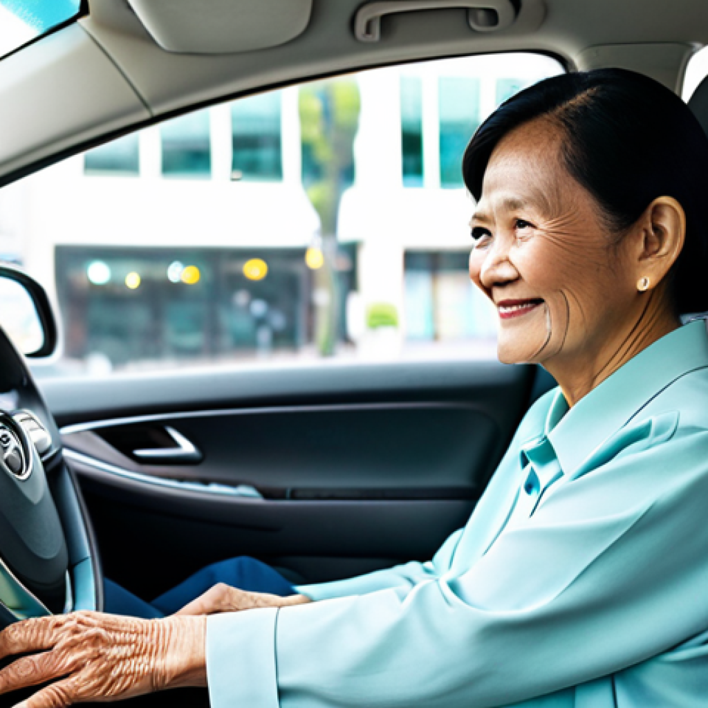 A dignified elderly Thai woman, dressed in modest, comfortable clothing, is calmly seated inside a sleek, modern self-driving car. She looks out the window with a gentle smile, observing a clean urban street scene. The car's interior is spacious and well-lit, emphasizing independent and peaceful travel. safe for work, appropriate content, fully clothed, modest, perfect anatomy, correct proportions, natural pose, well-formed hands, proper finger count, natural body proportions, professional photography, high quality.