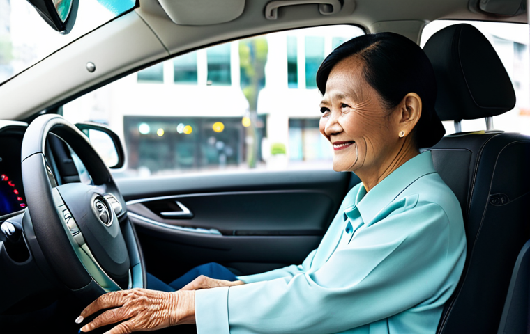 A dignified elderly Thai woman, dressed in modest, comfortable clothing, is calmly seated inside a sleek, modern self-driving car. She looks out the window with a gentle smile, observing a clean urban street scene. The car's interior is spacious and well-lit, emphasizing independent and peaceful travel. safe for work, appropriate content, fully clothed, modest, perfect anatomy, correct proportions, natural pose, well-formed hands, proper finger count, natural body proportions, professional photography, high quality.