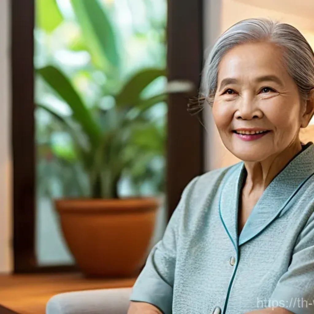 실버세대의 삶의 질 향상을 위한 기술적 접근 - **Prompt:** A serene indoor scene featuring a graceful elderly Thai woman, approximately 70-75 years...