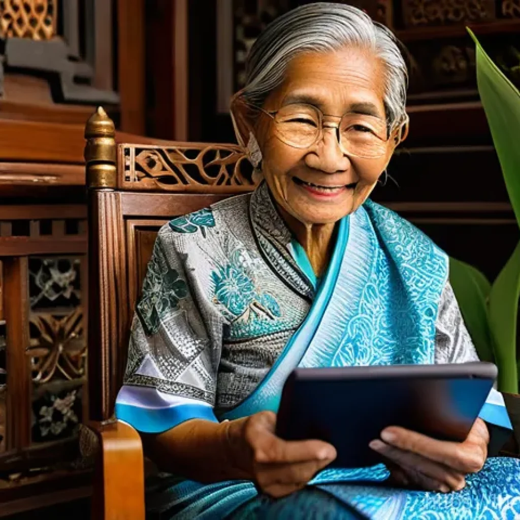 고령자를 위한 AR 기술의 활용 사례 - **Prompt 1: Virtual Cultural Exploration**
An elderly Thai grandmother, with silver hair styled ...