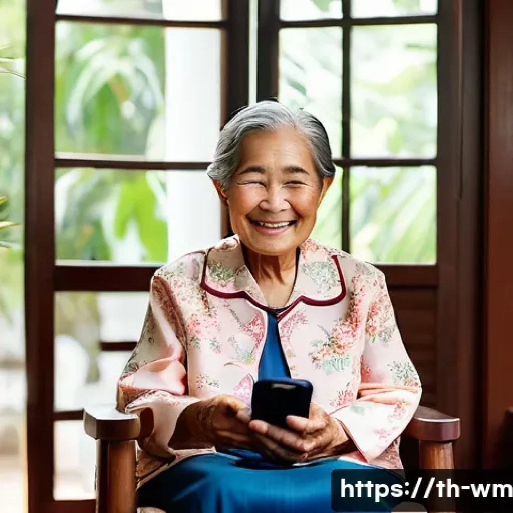 스마트 기기를 통한 고령자의 사회적 상호작용 촉진 - **Prompt:** A warm and heartwarming scene featuring a joyful elderly Thai grandmother in her late 70...