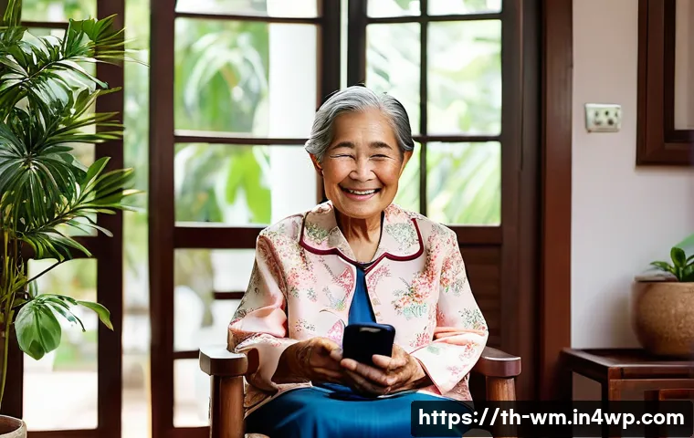스마트 기기를 통한 고령자의 사회적 상호작용 촉진 - **Prompt:** A warm and heartwarming scene featuring a joyful elderly Thai grandmother in her late 70...