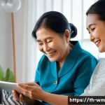 Home 22 노인 대상 텔레헬스 서비스의 장점 - A warm and cozy home setting in Thailand showing an elderly Thai woman comfortably using a tablet fo...