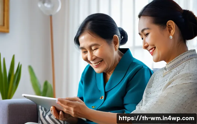 노인 대상 텔레헬스 서비스의 장점 - A warm and cozy home setting in Thailand showing an elderly Thai woman comfortably using a tablet fo...