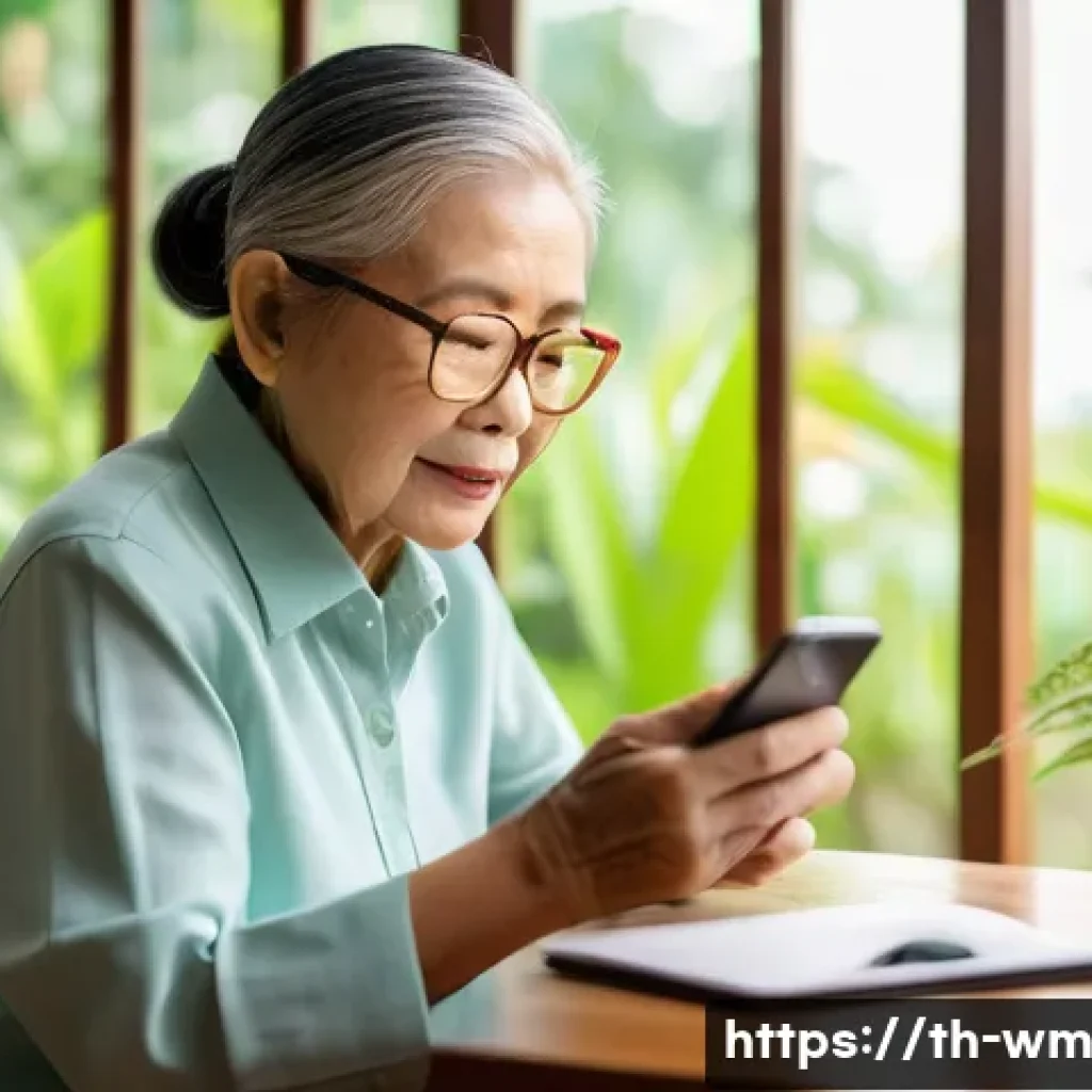 실버테크로 인한 노인의 삶의 질 변화 - An elderly Thai woman wearing comfortable casual clothing and glasses, sitting at a wooden table in ...
