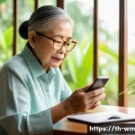 Home 21 실버테크로 인한 노인의 삶의 질 변화 - An elderly Thai woman wearing comfortable casual clothing and glasses, sitting at a wooden table in ...