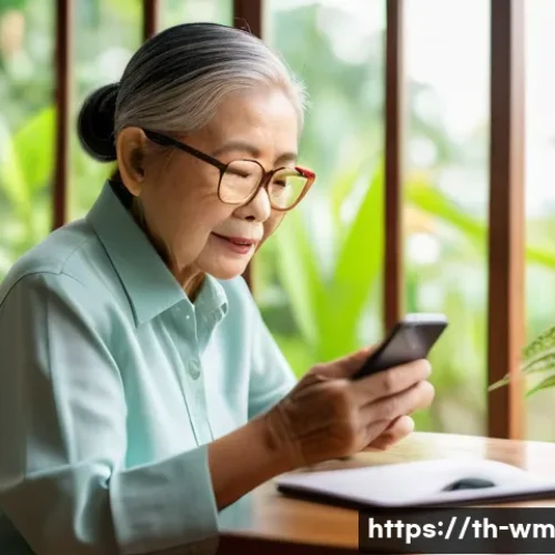 Home 33 실버테크로 인한 노인의 삶의 질 변화 - An elderly Thai woman wearing comfortable casual clothing and glasses, sitting at a wooden table in ...