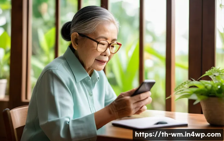 실버테크로 인한 노인의 삶의 질 변화 - An elderly Thai woman wearing comfortable casual clothing and glasses, sitting at a wooden table in ...