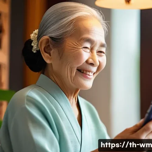 Home 32 실버세대의 소셜미디어 활용법 - A warm and inviting scene of a Thai elderly woman sitting comfortably at home, smiling gently while ...