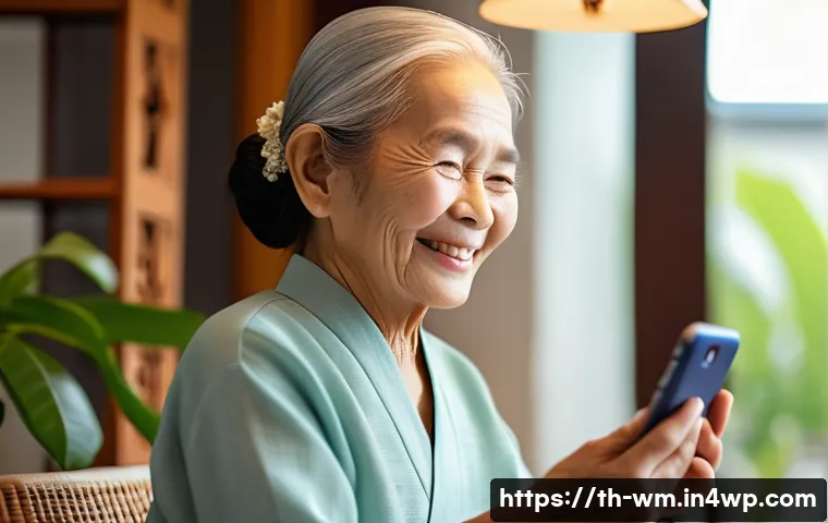 실버세대의 소셜미디어 활용법 - A warm and inviting scene of a Thai elderly woman sitting comfortably at home, smiling gently while ...