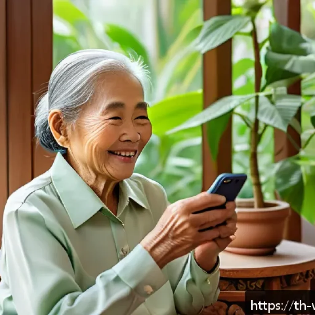 노인 우울증 예방을 위한 테크 솔루션 - A warm and inviting scene of an elderly Thai woman using a simple, large-button smartphone with a br...