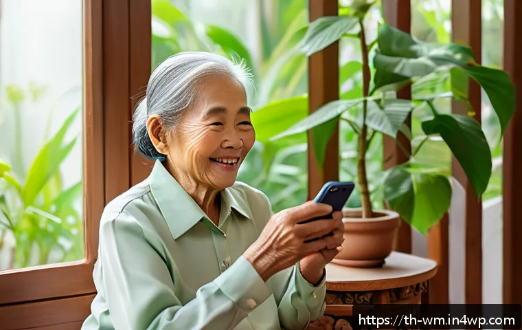 노인 우울증 예방을 위한 테크 솔루션 - A warm and inviting scene of an elderly Thai woman using a simple, large-button smartphone with a br...