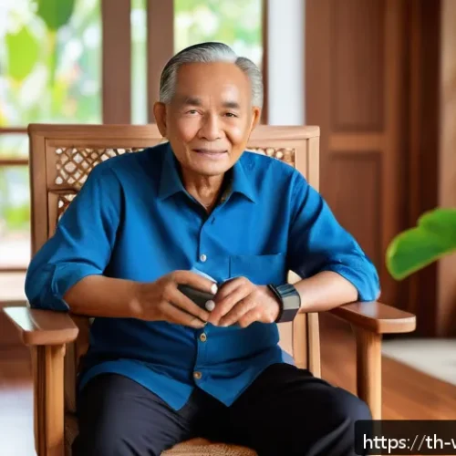 Home 30 고령자 건강 증진을 위한 새로운 기술 동향 - A cozy modern Thai home interior with an elderly Thai man wearing a sleek smartwatch and health moni...