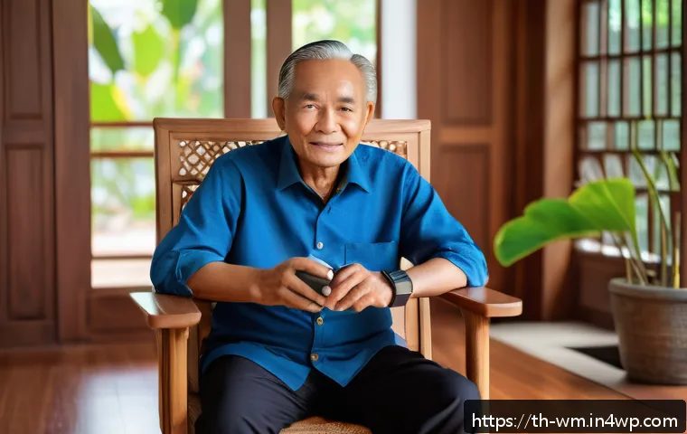 고령자 건강 증진을 위한 새로운 기술 동향 - A cozy modern Thai home interior with an elderly Thai man wearing a sleek smartwatch and health moni...