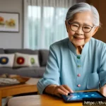 Home 23 노인을 위한 저장 및 관리 앱의 발전 - An elderly Thai woman comfortably using a digital health care app on a large-screen tablet at home, ...