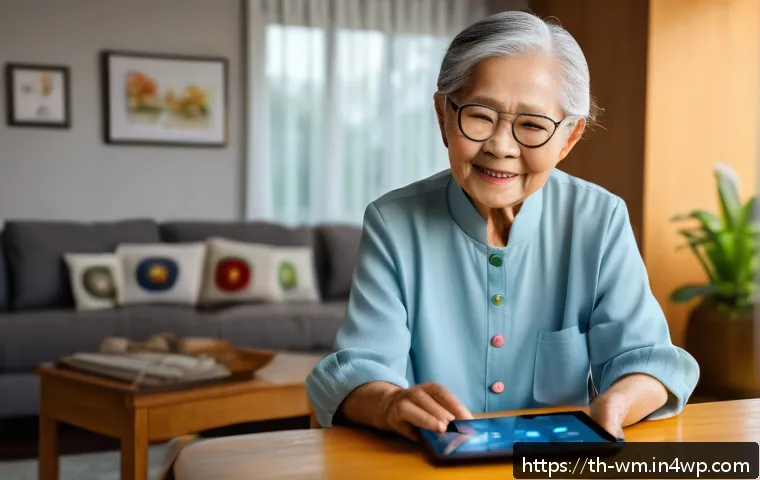 노인을 위한 저장 및 관리 앱의 발전 - An elderly Thai woman comfortably using a digital health care app on a large-screen tablet at home, ...