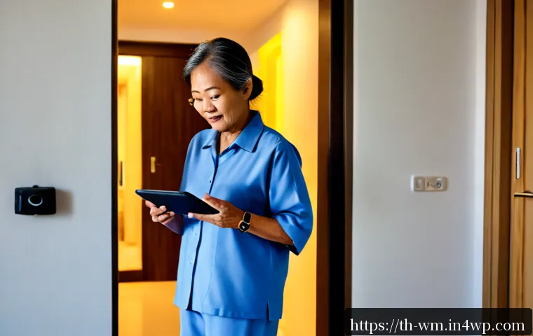 Home 17 노인을 위한 안전한 스마트 홈 구축 방법 - Photorealistic Thai senior woman in comfortable modest home clothing, wearing a smartwatch, calmly u...